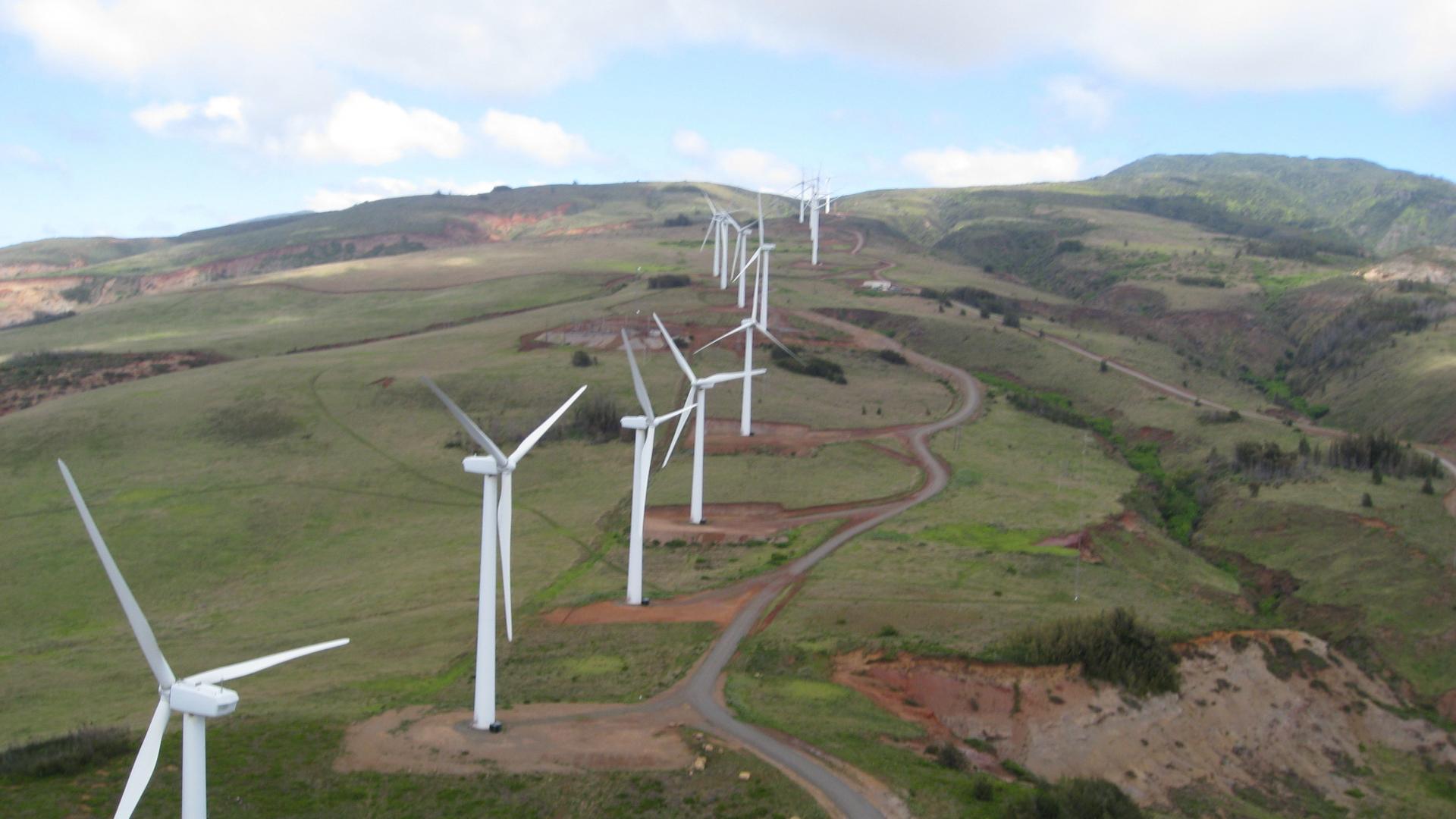 Wind turbines on open grassland